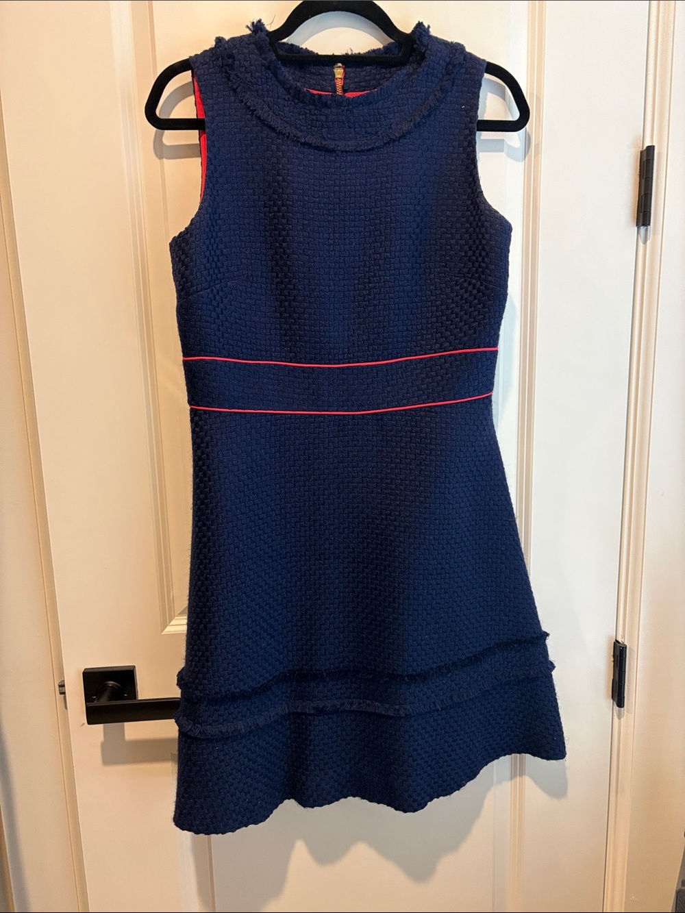 Sail to Sable Navy Textured Sleeveless Dress with Pink Piping